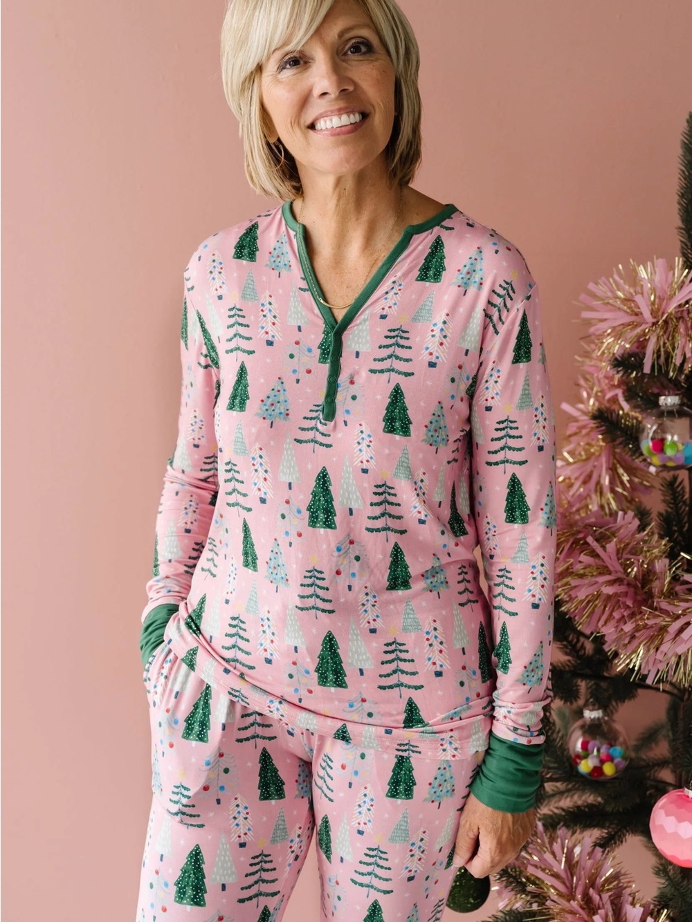 Little Sleepies Women’s Pink Twinkling Trees Bamboo Pajama Top Christmas - Picture 2 of 4
